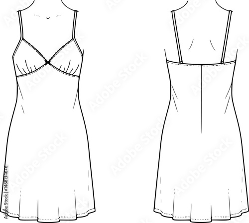 slip dress flat sketch technical illustration. front and back apparel template. women's slip dress CAD mock-up.
