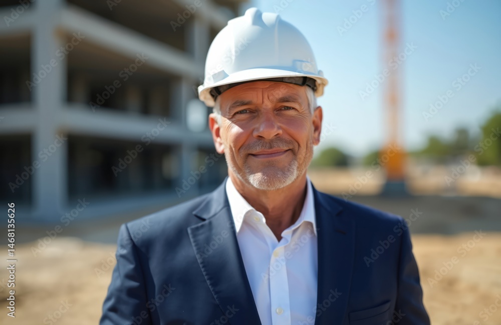 Portrait of middle-aged businessman wearing safety helmet on construction site. Caucasian male smiling, confident, pro. Construction industry, engineering, real estate. Leadership, management, urban Portrait of middle-aged businessman wearing safety helmet on construction site. Caucasian male smiling, confident, pro. Construction industry, engineering, real estate. Leadership, management, urban