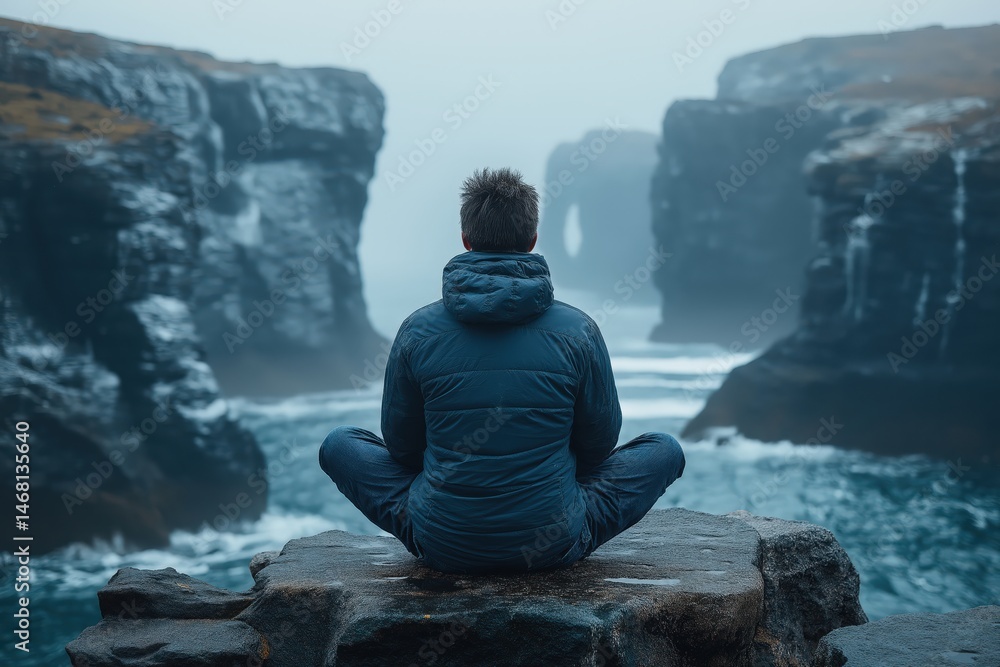 Obraz premium Man meditating by the sea cliffs