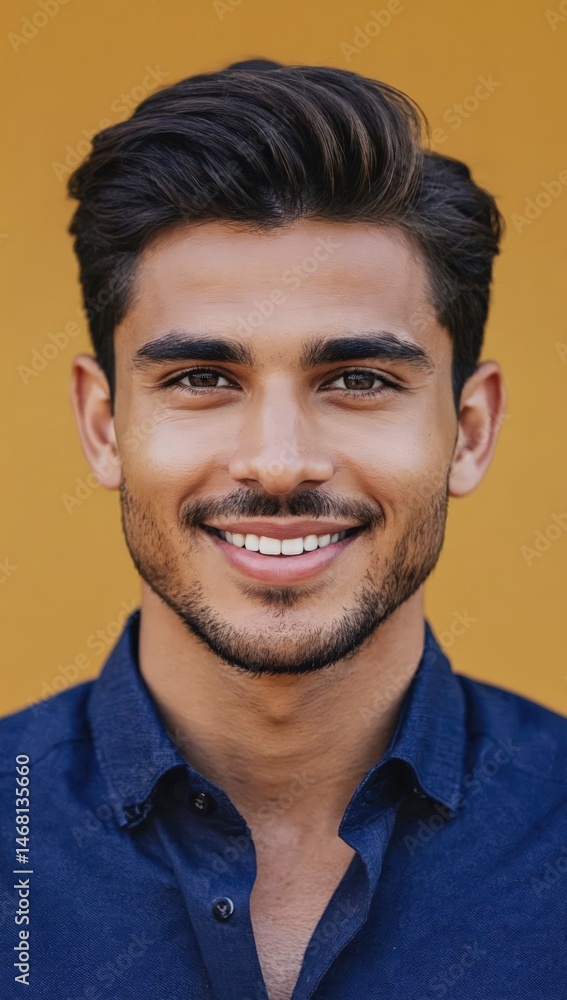 Obraz premium smiling young man in blue shirt with a yellow background