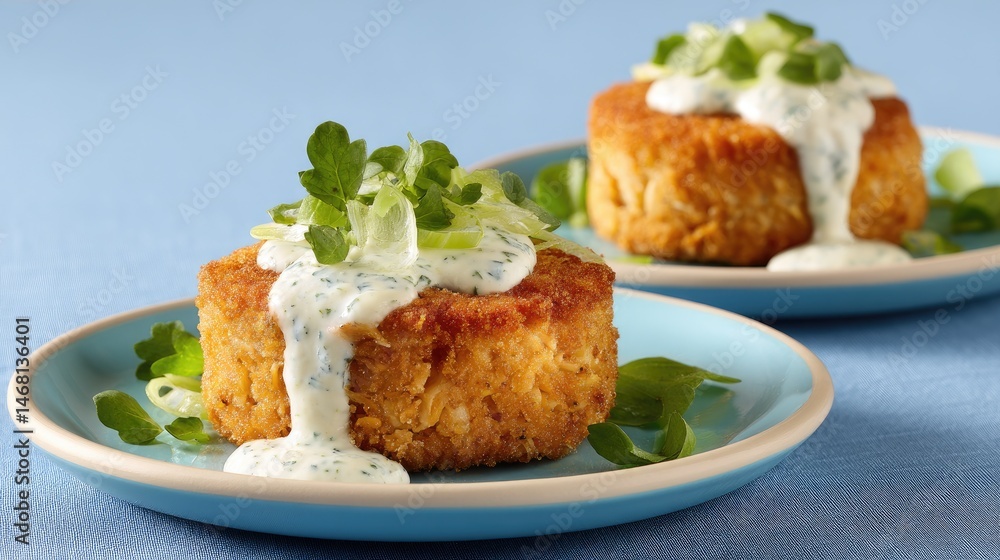 Crab Cakes Delight Two on Plates with Creamy Topping Fresh Greens. Crab Cakes Delight Two on Plates with Creamy Topping Fresh Greens.