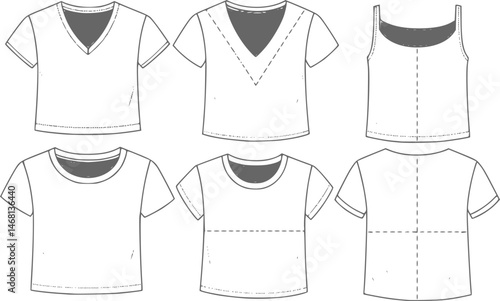 types of t shirt necklines flat sketch vector illustration technical cad drawing template
