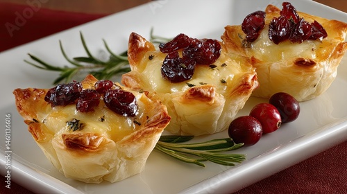 Cranberry Brie Bites Festive Holiday Appetizers on White Plate.