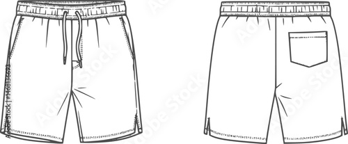 mens wide leg baggy bermuda shorts fashion flat sketch vector illustration technical cad drawing template
