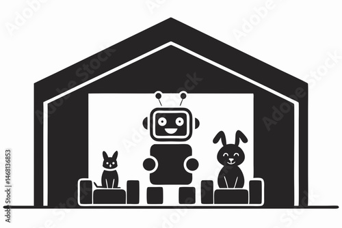 Cartoon illustration of a robot with two animals in a playful and friendly scene