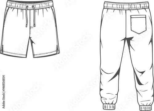 men's drawstring waist short pant and jogger bottom flat sketch vector illustration front and back view training tracksuit full zip long sleeve jacket and pants running jogging athletic sports wear 