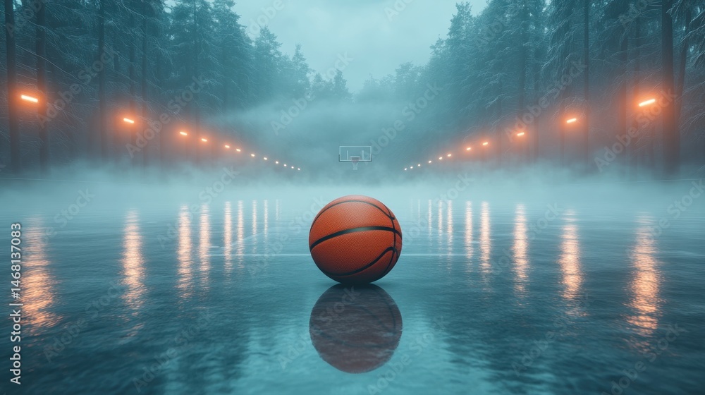 Obraz premium Solitary Basketball on Misty Court