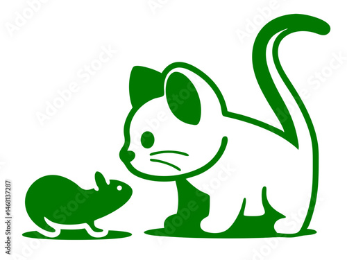 Green silhouette cat and mouse illustration with friendly interactions suitable for various projects