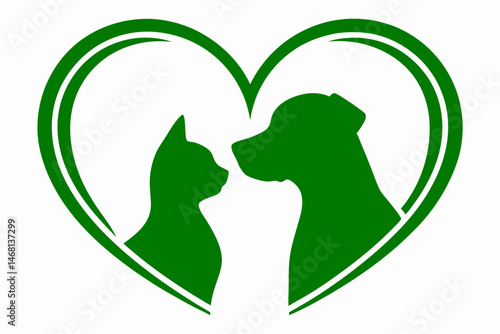 Green heart with cat and dog silhouettes illustrating pet love and companionship