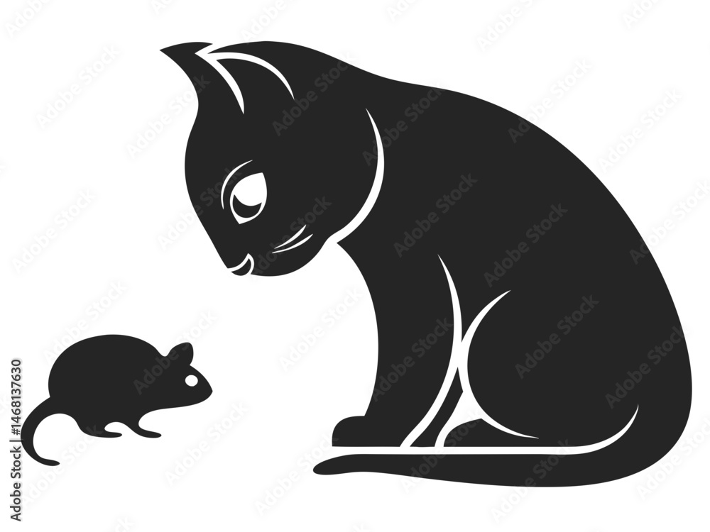 Fototapeta premium Minimalist black silhouette of a curious cat observing a mouse vector design