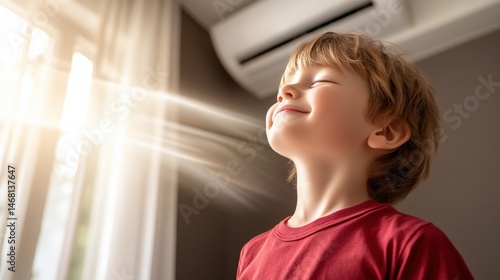 Young boy enjoys the warm sunlight streaming through the window, capturing a moment of joy and tranquility in a cozy indoor setting filled with natural light.