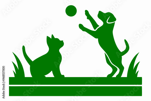 Playful cat and dog silhouettes chasing ball in green on a transparent background