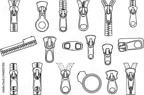 zipper pullers vector illustration zip heads, zipper sliders flat sketch
