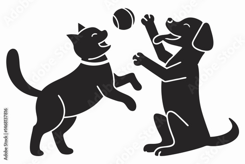 Playful cat and dog silhouette catching ball symbolizing friendship and playtime