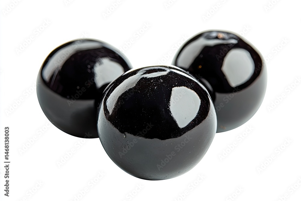 Three glossy, black, spherical fruits, close-up Three glossy, black, spherical fruits, close-up