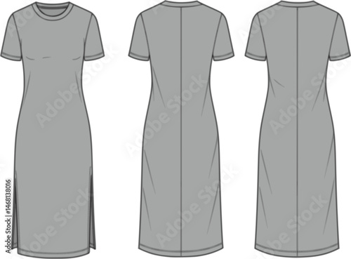 womens short sleeve crew neck midi dress with side slit fashion flat sketch vector illustration fluid jersey dress front and back view technical cad drawing template