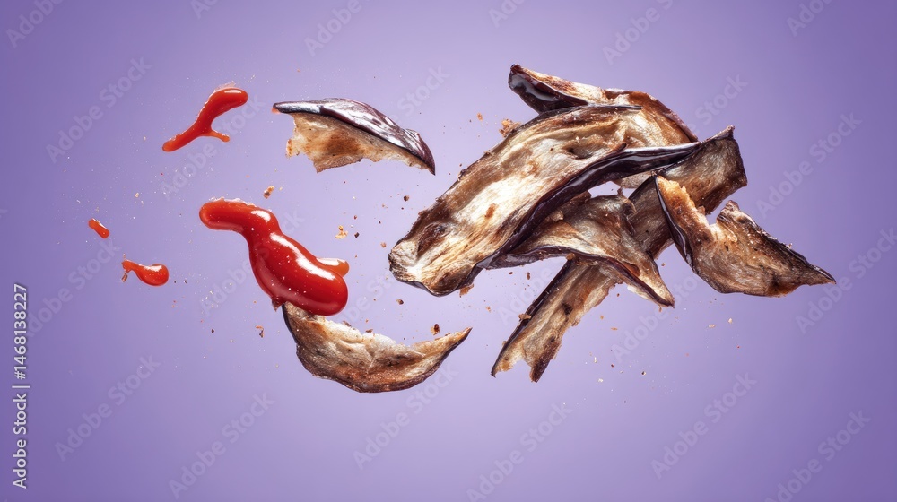Obraz premium Flying Fried Eggplant with Ketchup on Purple Background.