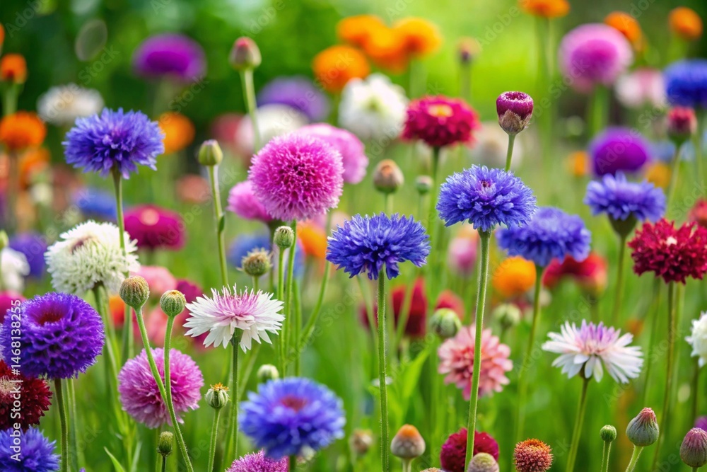 Obraz premium Bachelors Button flower garden on green background