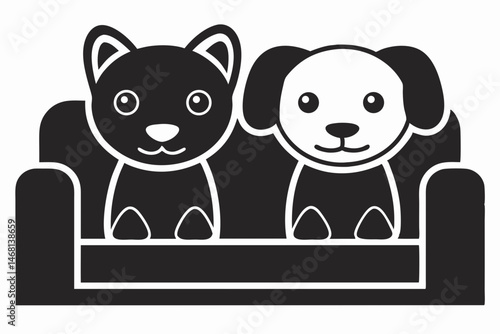 Adorable black and white cat and dog sitting together on a couch vector illustration
