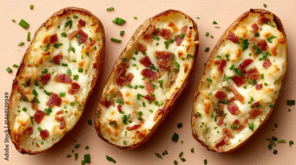 Loaded Potato Skins Cheesy with Bacony, and and Delicious. Loaded Potato Skins Cheesy with Bacony, and and Delicious.
