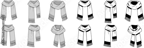 set of women's scarf flat sketch vector illustration cad mock up template
