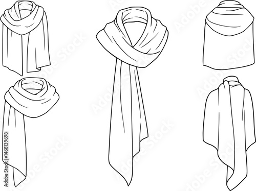 set of women's scarf flat sketch vector illustration cad mock up template
