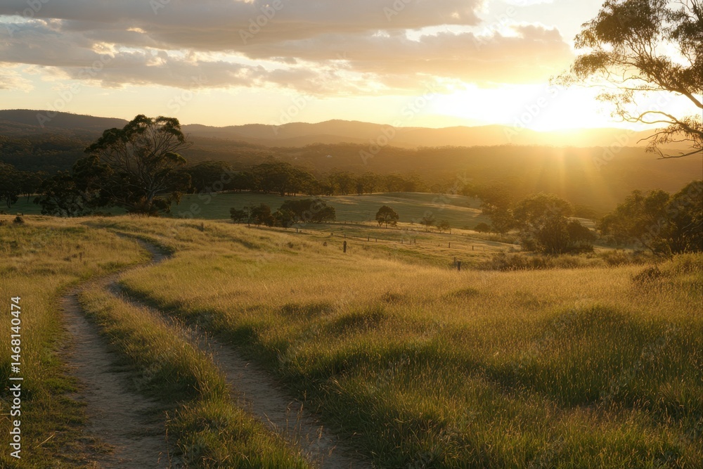 Fototapeta premium Scenic path through golden field at sunset for travel, nature, and landscape photography projects.