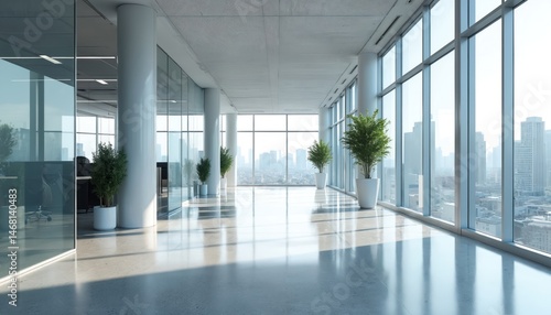 Modern open-space office interior with large windows overlooking city skyline. Bright  airy office design  featuring plants  glass walls. Workplace concept for business companies with workspace.