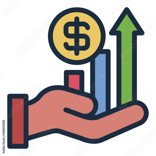 growth arrow filled line icon with business revenue in hand