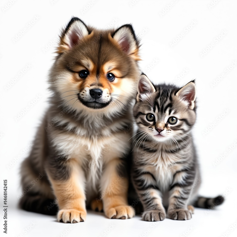 Obraz premium Adorable Pomsky puppy sitting with British Shorthair kitten looking towards camera. Cute fluffy pets, friends, studio shot on white background. Portrait of two young animals together. Purebred pets