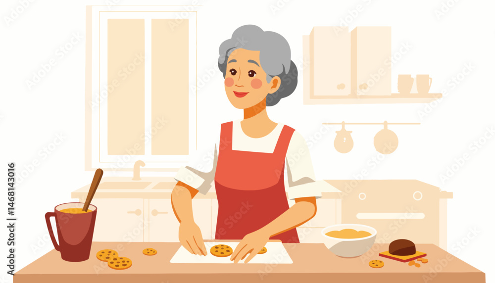 Elderly woman smiling while baking cookies in cozy kitchen, warmth of home Elderly woman smiling while baking cookies in cozy kitchen, warmth of home