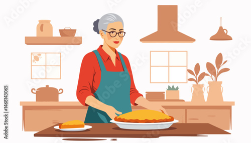 Elderly woman smiling while baking a pie in cozy kitchen, warmth of tradition