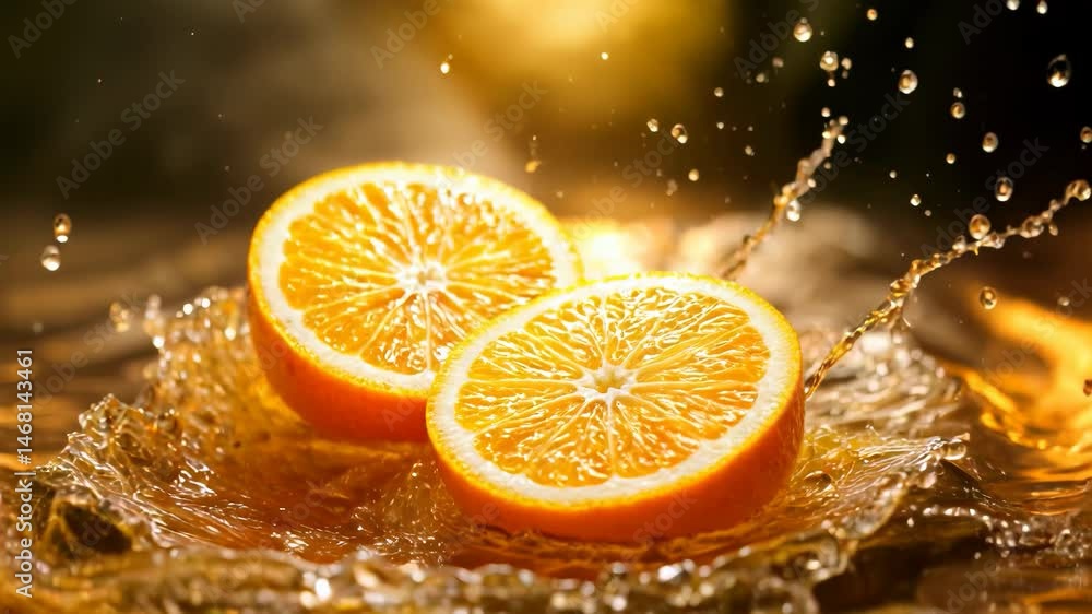 Sliced oranges drop into sparkling water, causing lively splashes and showcasing their bright color and refreshing appeal Sliced oranges drop into sparkling water, causing lively splashes and showcasing their bright color and refreshing appeal