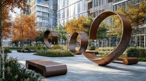 Modern park with metal rings and benches. Autumn trees and contemporary architecture. Use Stock photo for architecture, urban design, and parks
