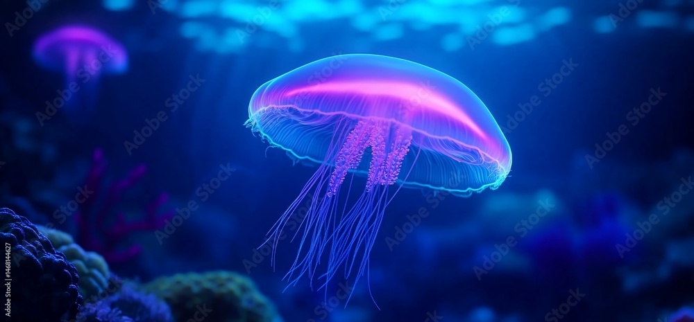 Luminous Jellyfish Ballet: A Dance of Neon Light in the Deep Blue Sea Luminous Jellyfish Ballet: A Dance of Neon Light in the Deep Blue Sea
