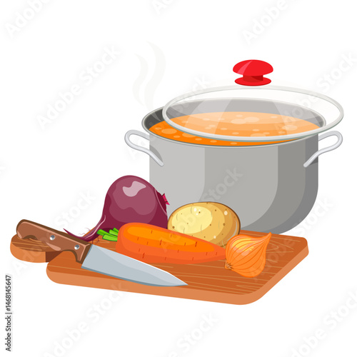 a pot of soup and a set of vegetables on a cutting board