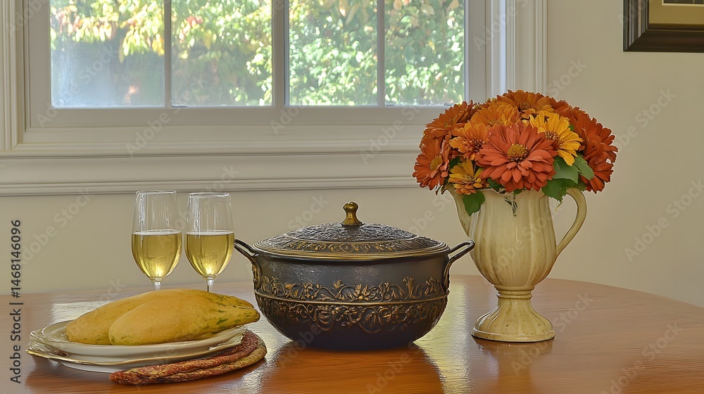 Elegant Fall Table Setting with Ornate Lidded Pot, Flowers, and Wine Elegant Fall Table Setting with Ornate Lidded Pot, Flowers, and Wine