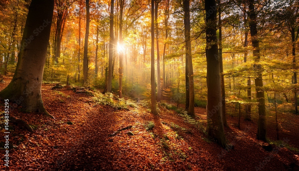 Fototapeta premium enchanting sunlit forest in autumn reveals changing light and vibrant foliage