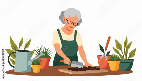 Elderly woman nurturing plants indoors with gardening tools, joy of growth