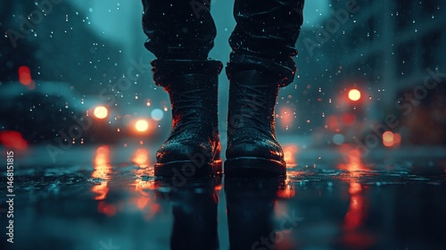 Fototapeta Naklejka Na Ścianę i Meble -  Rain-soaked city feet