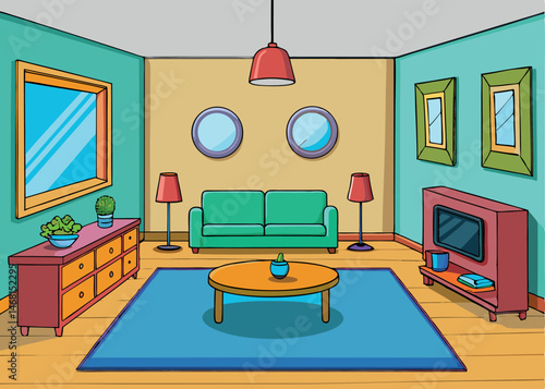 A modern living room interior vector illustration features stylish furniture like a sofa and chair, showcasing luxury home design with a lamp and window