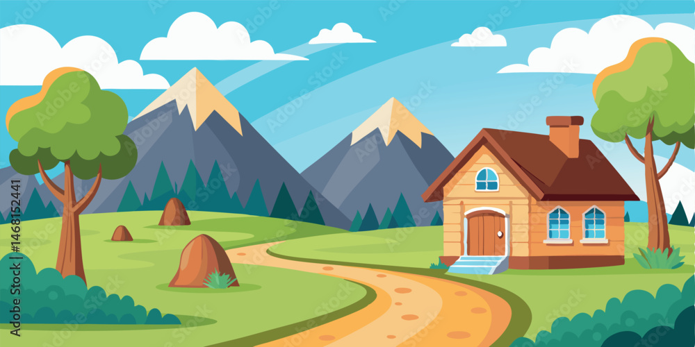 Fototapeta premium A vector illustration of a rural summer village landscape with a house, green fields, and mountains under a blue sky