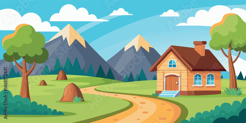 A vector illustration of a rural summer village landscape with a house, green fields, and mountains under a blue sky