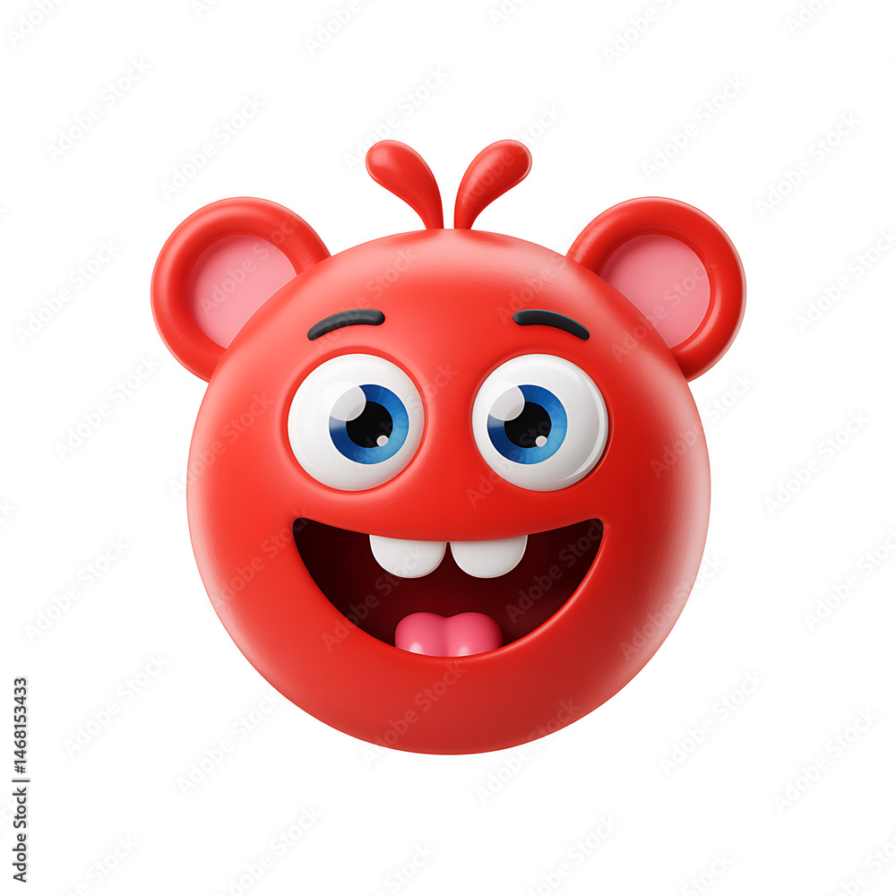 Fototapeta premium Cheery Cartoon Character: A vibrant, red cartoon character radiates pure joy, sporting a wide grin, cheerful eyes, and charming antennae, capturing the essence of happiness and fun.