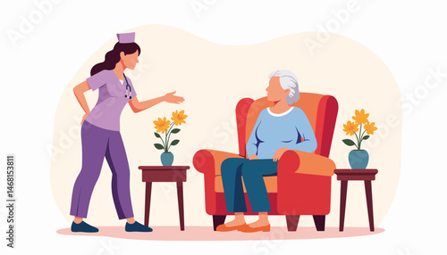 Caring nurse supporting elderly woman in cozy armchair, warmth