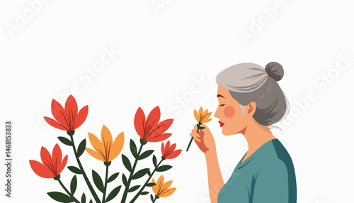 Elderly woman smelling flowers in minimalist setting, nature’s beauty