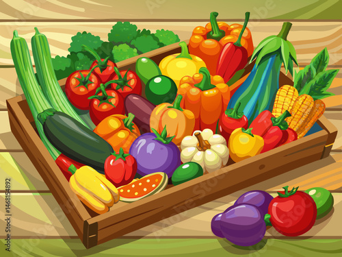 vector of Freshly harvested vegetables are arranged on a wooden tray, arranged in an orderly manner, all kinds of colored peppers, tomatoes, and eggplants