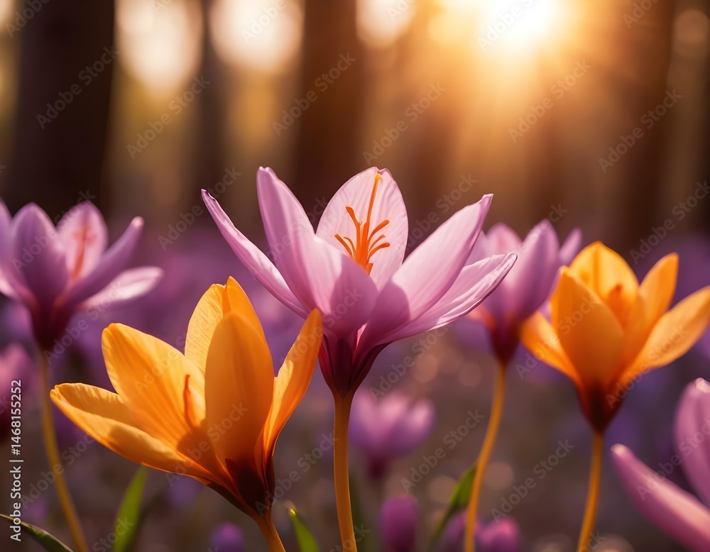 Fototapeta premium Crocus Flowers in Sunset Light