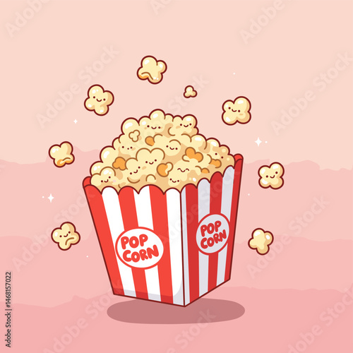 Cute cartoon popcorn box with smiling kernels and sparkles