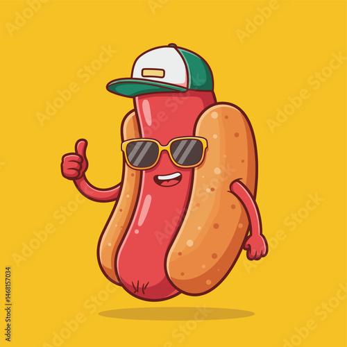 Cool cartoon hotdog character with sunglasses giving thumbs up